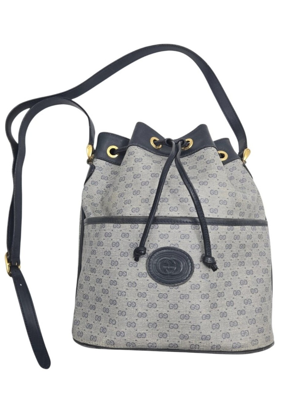 GUCCI Bucket Bag Blue Monogram Coated Canvas Drawstring VTG